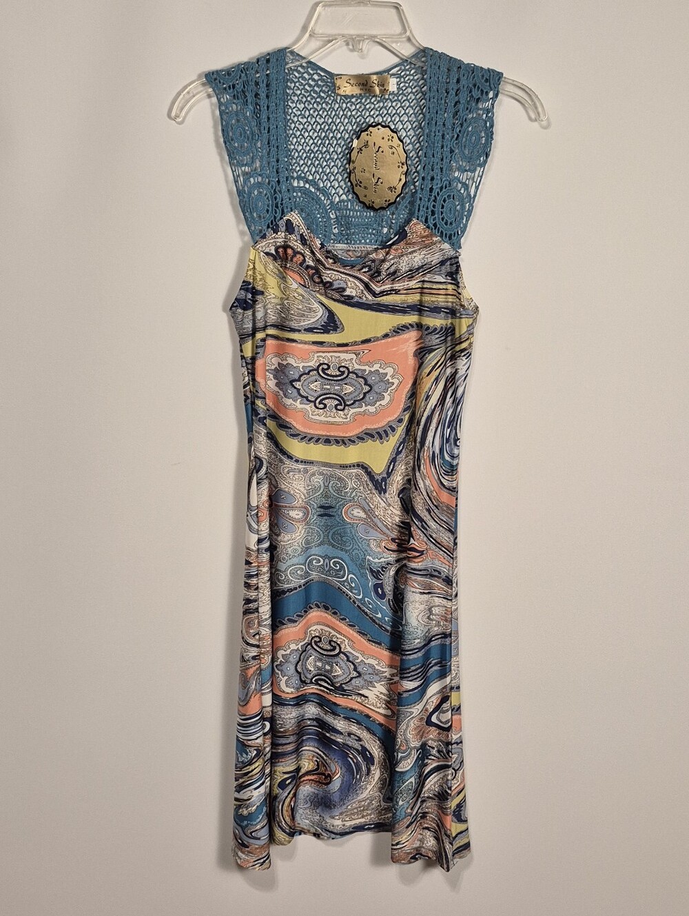 NWT Second Skin NYC Blue Crochet Lace Paisley Sleeveless Dress Large Boho Midi
